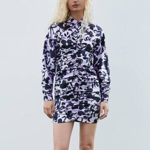 Zara "Dita" Satin Effect Ruched Print Mini Dress in Purple/Black